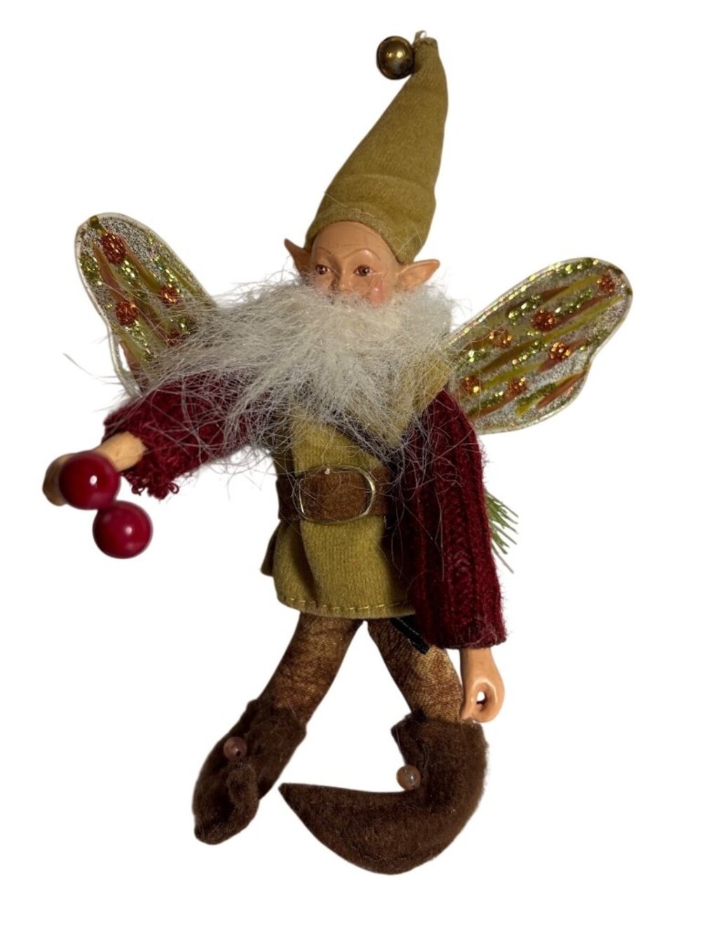 Christmas Elf Fairy Figurine Glittery Wings Bell Hat Red Berries 6.5" Rustic